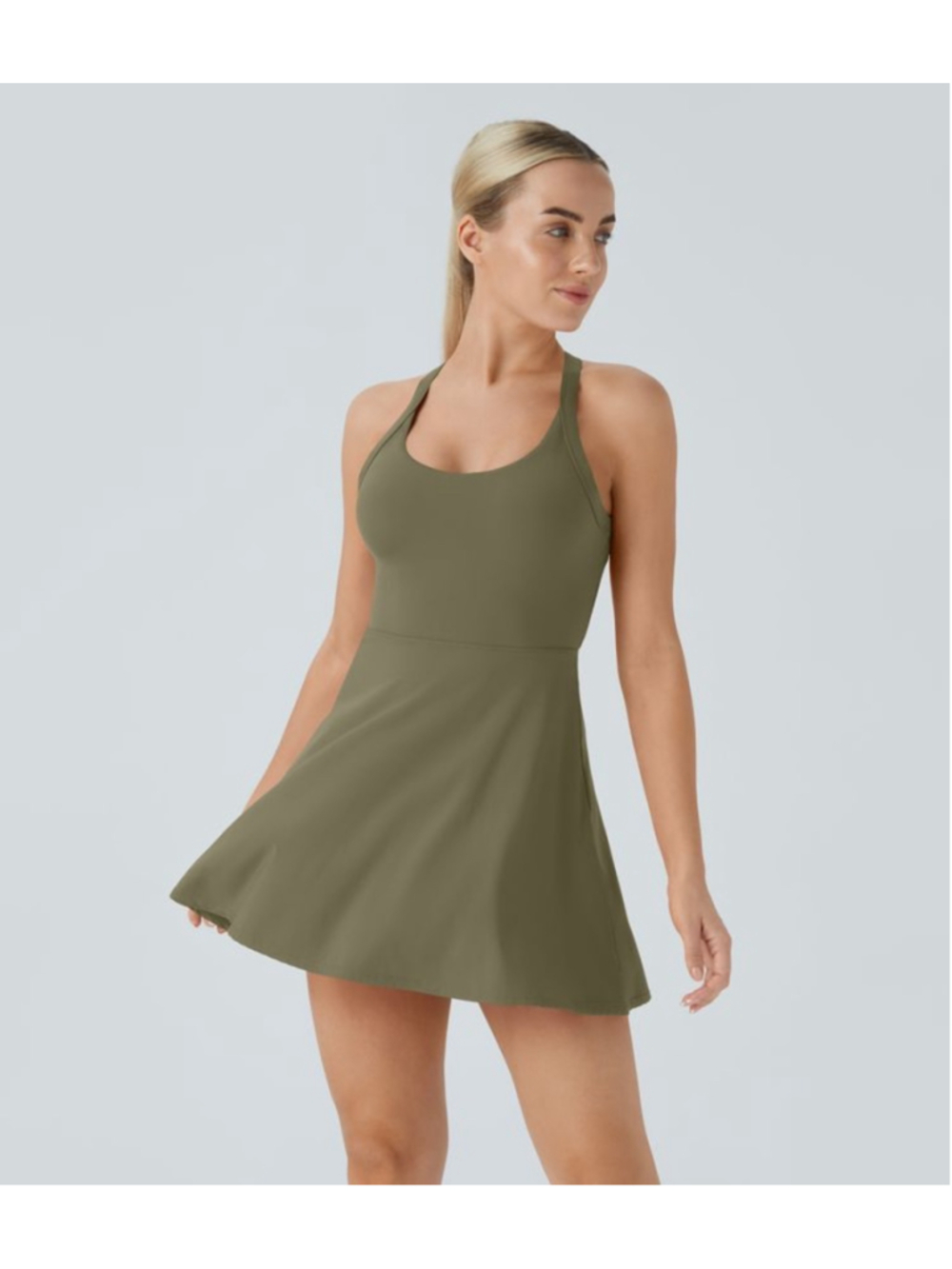 Halara Easy Peezy Flare Mini Activewear Dress Size XL NWT Withered Green (Olive) - Picture 3 of 9